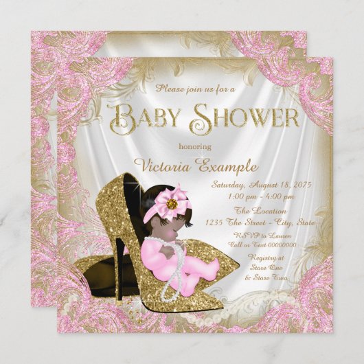 Invitation Parties scintillant rose et or Chaussure Baby show (Devant / Derrière)