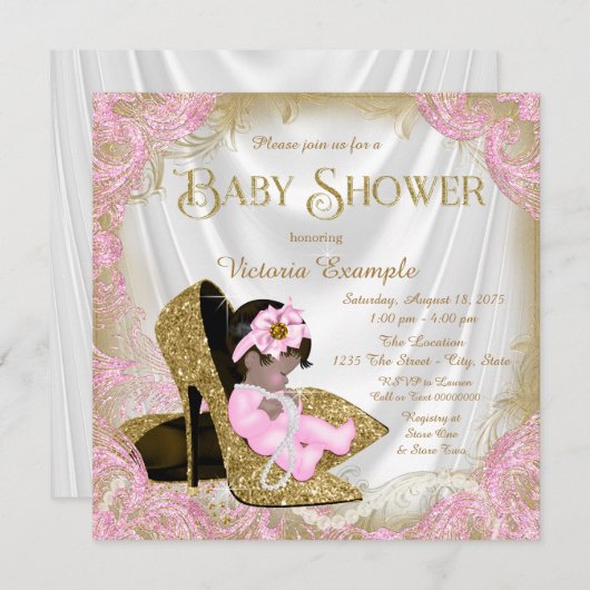 Invitation Parties scintillant rose et or Chaussure Baby show (Devant / Derrière)
