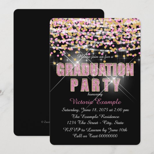Invitation Parties scintillant rose et or Confetti Graduation (Devant / Derrière)