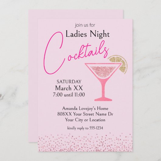 Invitation Parties scintillant rose et or Dames Cocktail de n (Devant / Derrière)