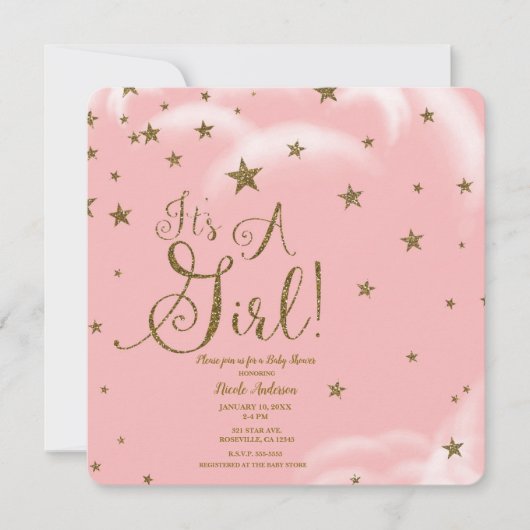 Invitation Parties scintillant rose et or étoiles C'est un Ba (Devant)