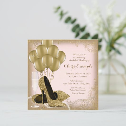 Invitation Parties scintillant rose et or femmes fête d'anniv (Debout devant)