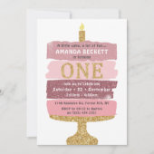 Invitation Parties scintillant rose et or gâteau 1er annivers (Devant)