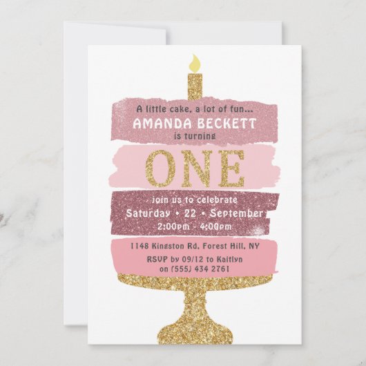 Invitation Parties scintillant rose et or gâteau 1er annivers (Devant)