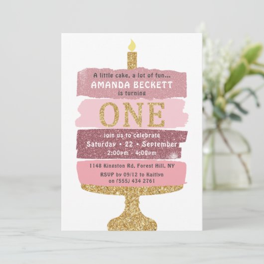 Invitation Parties scintillant rose et or gâteau 1er annivers (Debout devant)