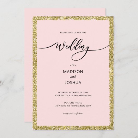 Invitation Parties scintillant rose et or Mariage (Devant / Derrière)