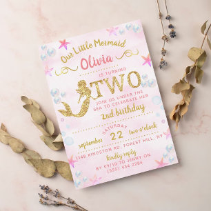 Invitation Parties scintillant rose et or Mermaid 2e annivers