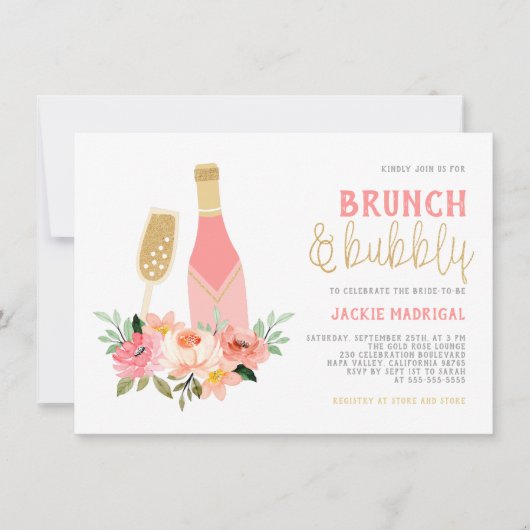 Invitation Parties scintillant rose et or moderne Brunch nupt (Devant)