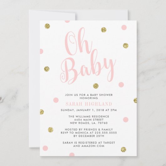 Invitation Parties scintillant rose et or Oh Baby shower (Devant)