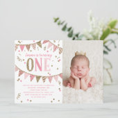 Invitation Parties scintillant rose et or Premier anniversair (Debout devant)