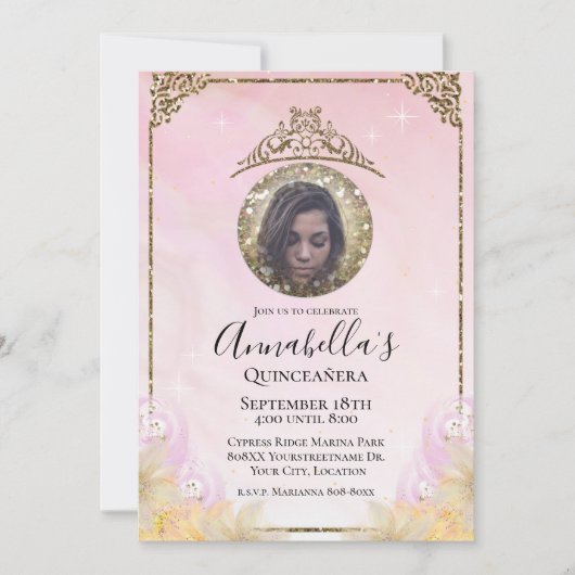 Invitation Parties scintillant rose et or Tiara Quinceañera P (Devant)