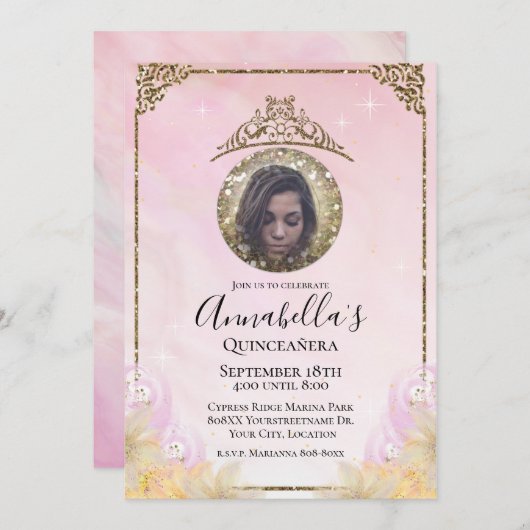 Invitation Parties scintillant rose et or Tiara Quinceañera P (Devant / Derrière)