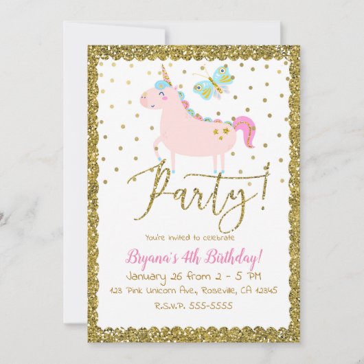 Invitation Parties scintillant rose et or Unicorn Girls Birth (Devant)