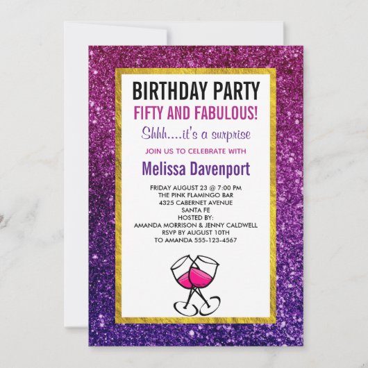 Invitation Parties scintillant rose et pourpre 50e fête d'ann (Devant)