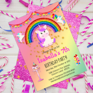 Invitation Parties scintillant rose et Rainbow Unicorn annive