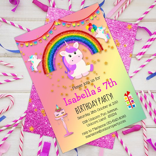 Invitation Parties scintillant rose et Rainbow Unicorn annive