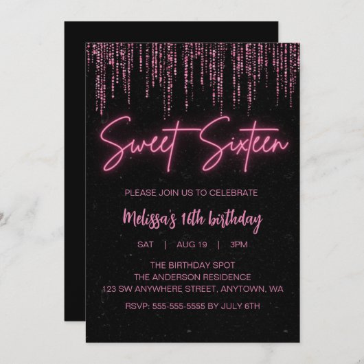 Invitation Parties scintillant rose et sucré noir 16 Annivers (Devant / Derrière)