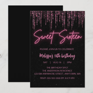 Invitation Parties scintillant rose et sucré noir 16 Annivers