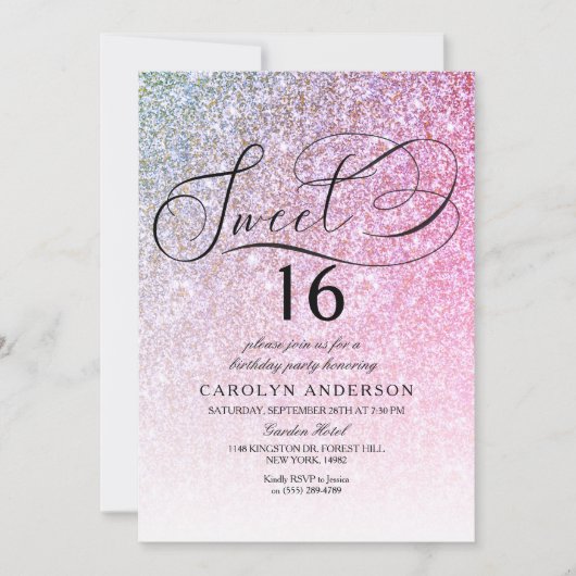 Invitation Parties scintillant rose Fancy Script Sweet 16 Ann (Devant)