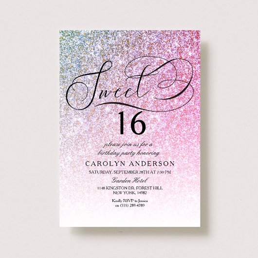 Invitation Parties scintillant rose Fancy Script Sweet 16 Ann