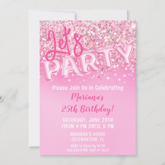 Invitation Parties scintillant rose fête d'anniversaire (Devant)