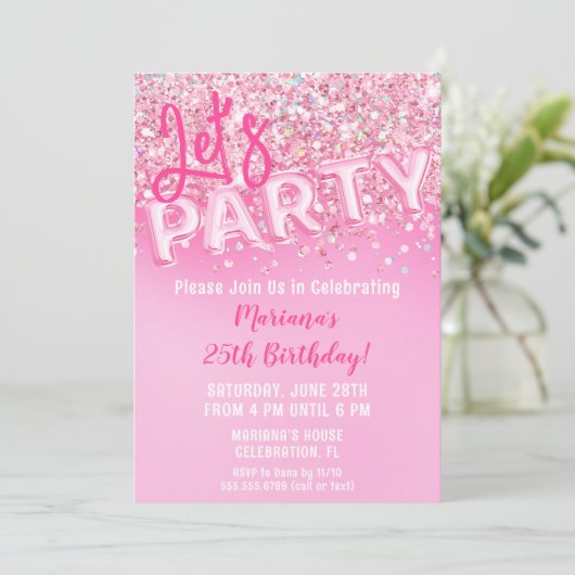 Invitation Parties scintillant rose fête d'anniversaire (Debout devant)
