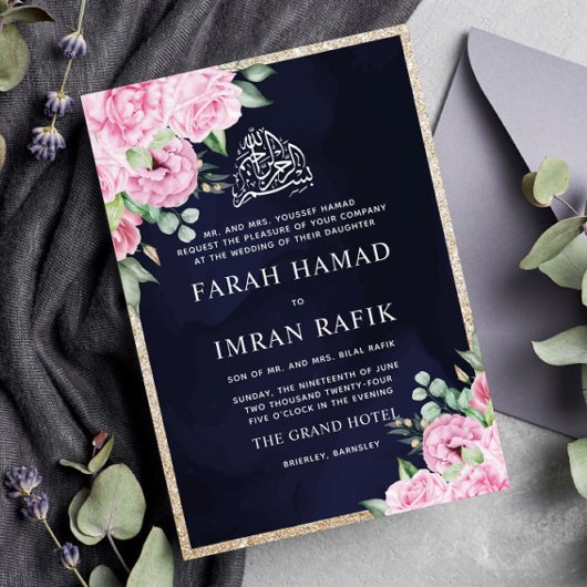 Invitation Parties scintillant rose Floral Or bleu Mariage mu