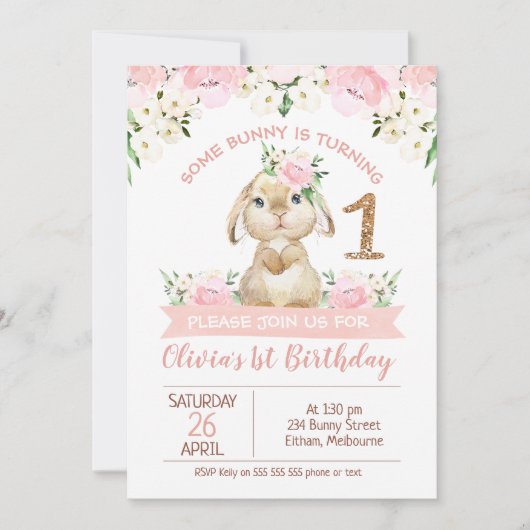 Invitation Parties scintillant Rose Floral Or Un Un Anniversa (Devant)