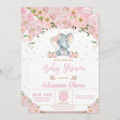 Invitation Parties scintillant rose florale mignonne Elephant (Devant / Derrière)