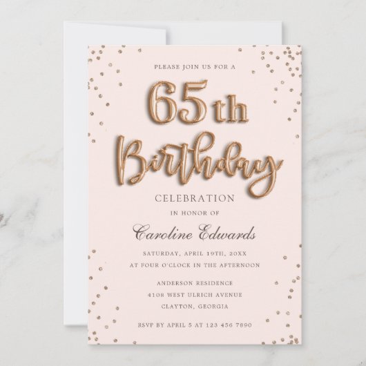 Invitation Parties scintillant Rose Foil Ballons 65e annivers (Devant)