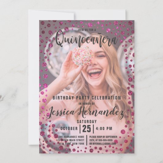 Invitation Parties scintillant rose Fuchsia Confetti Photo Qu (Devant)