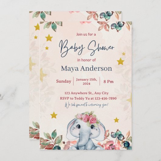 Invitation parties scintillant rose girly mignon baby shower (Devant / Derrière)