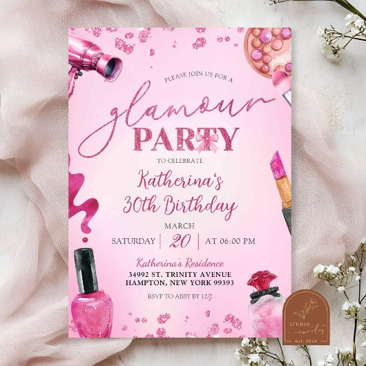 Invitation Parties scintillant rose Glamor se maquiller Anniv
