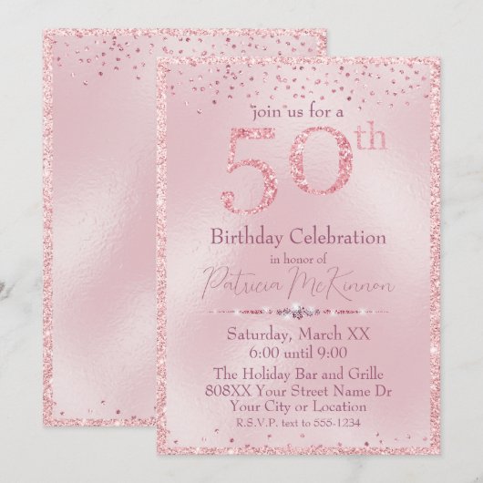 Invitation Parties scintillant rose glamour 50e anniversaire (Devant / Derrière)