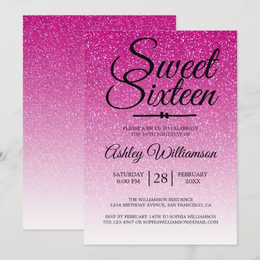 Invitation Parties scintillant rose glamour Ombre Sweet 16 An (Devant / Derrière)