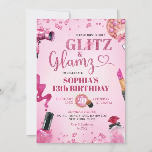 Invitation Parties scintillant rose Glitz et Glamz Make Up An (Devant)