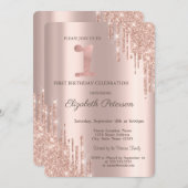 Invitation Parties scintillant Rose Gold 1er anniversaire fêt (Devant / Derrière)