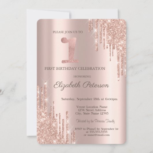 Invitation Parties scintillant Rose Gold 1er anniversaire fêt (Devant)