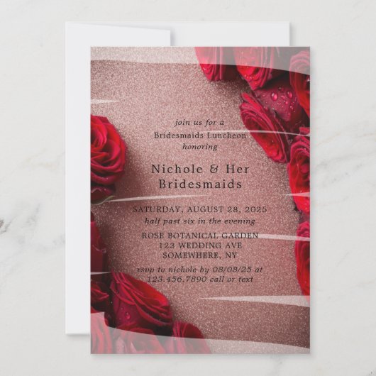 Invitation Parties scintillant rose Gold avec Red Roses Bride (Devant)