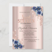 Invitation Parties scintillant Rose Gold Blue Flowers Sweet 1 (Devant)