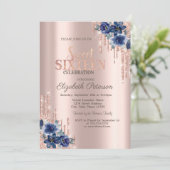 Invitation Parties scintillant Rose Gold Blue Flowers Sweet 1 (Debout devant)