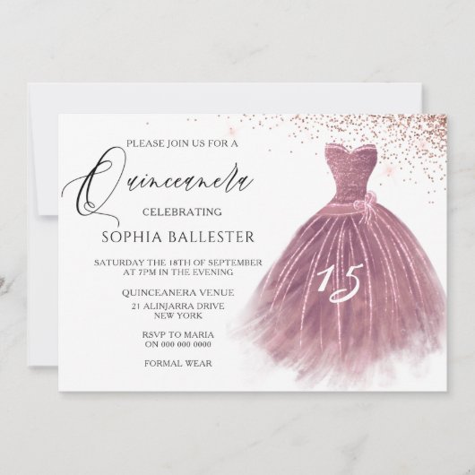 Invitation Parties scintillant rose Gold Blush Gown Quinceane (Devant)