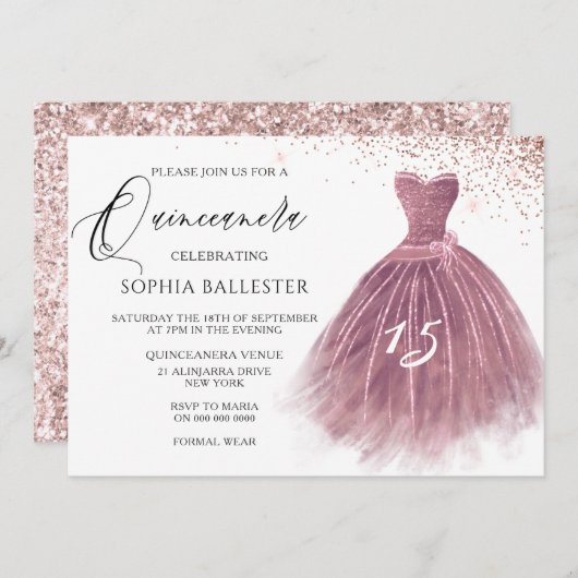Invitation Parties scintillant rose Gold Blush Gown Quinceane (Devant / Derrière)