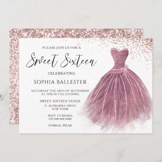 Invitation Parties scintillant rose Gold Blush Gown Sweet 16 (Devant / Derrière)
