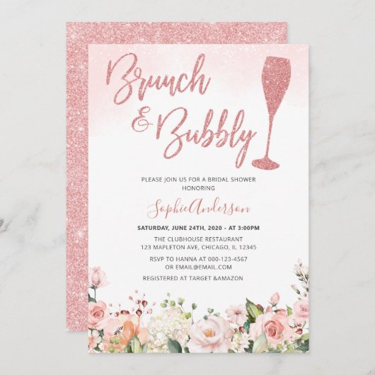 Invitation Parties scintillant Rose Gold Brunch Et Bubbly Fêt (Devant / Derrière)