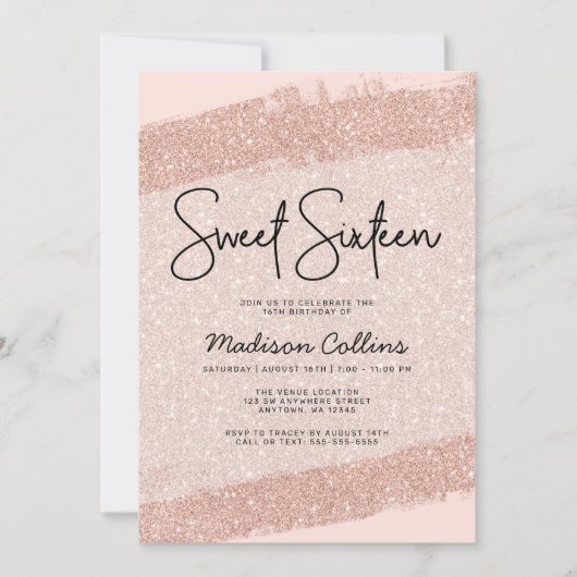 Invitation Parties scintillant Rose Gold Brush Sweet 16 (Devant)