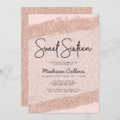 Invitation Parties scintillant Rose Gold Brush Sweet 16 (Devant / Derrière)