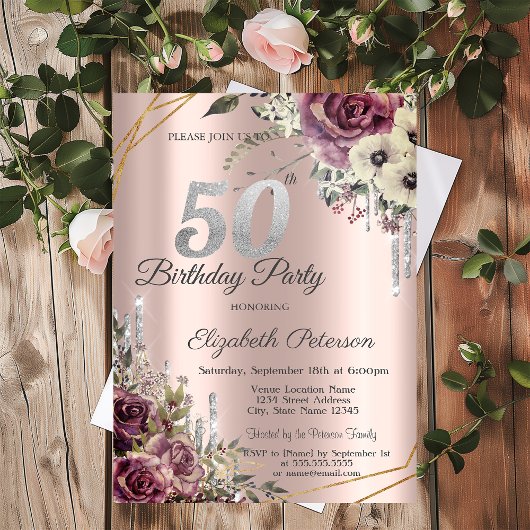 Invitation Parties scintillant Rose Gold Floral 50e anniversa