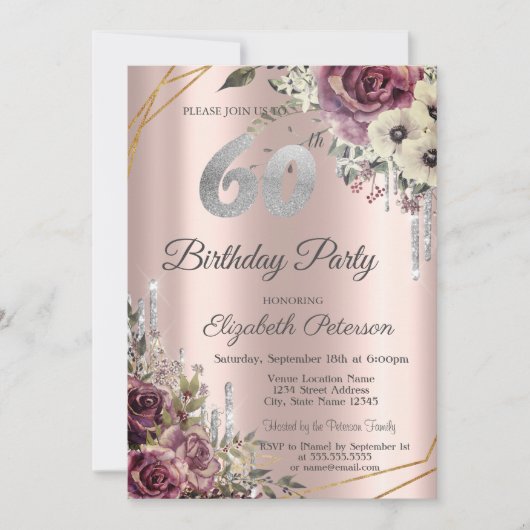Invitation Parties scintillant Rose Gold Floral 60e anniversa (Devant)