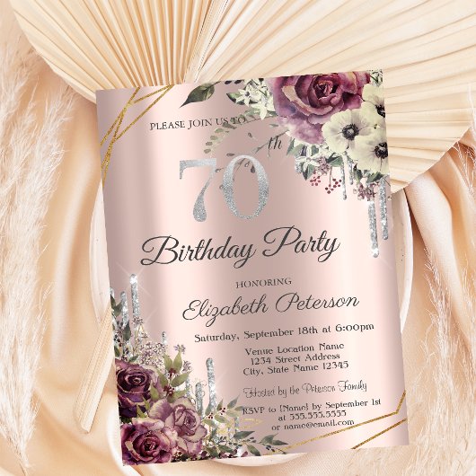 Invitation Parties scintillant Rose Gold Floral 70e anniversa